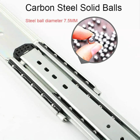 Bulletproof Heavy Duty Drawer Slides With Lock Double Row Ball Bearing Tracks showing steel ball diameter 7.5mm and slide rails.
