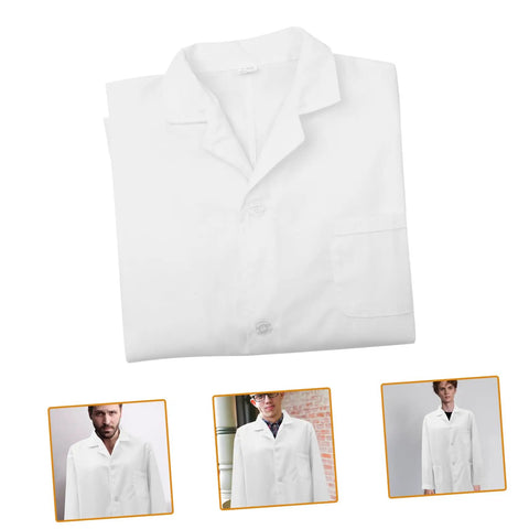 Men's White Lab Coat, Long Sleeve Professional Medical Coat displayed folded and worn by models for lab, clinic, pharmacy use.