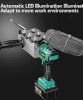 Heavy Duty Cordless Electric Wire Cable Puller With Killer Torque For Smooth Conduit Stringing And Quick Drywall Projects shown with automatic LED illumination feature.