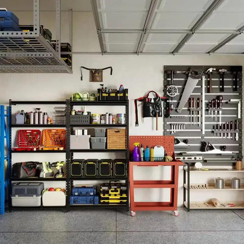 Tough As Nails Heavy Duty Metal Storage Rack With 2000 Lb Capacity Per Shelf, 72 Inch Wide Industrial Steel Shelving Set in organized garage.