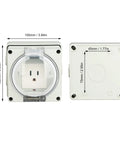 Heavy Duty IP66 Weatherproof Outdoor Power Outlet With Rugged Three Prong Connector For Backyard Setups And Tool Sheds Molded From Flame Retardant Polycarbonate Housing, dimensions and features visible.