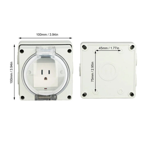 Yard Ready IP66 Weatherproof Outdoor Electrical Outlet And Power Socket With Durable PC Cover No Sweat Hookup Setup Backyard Essential Garden Workshop Heavy Duty Plug Station dimensions shown from front and back with measurements.