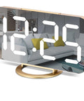 7 Inch LED Mirror Display Alarm Clock With Dual USB Ports, Auto Dim And Night Mode, gold finish, modern design on desk