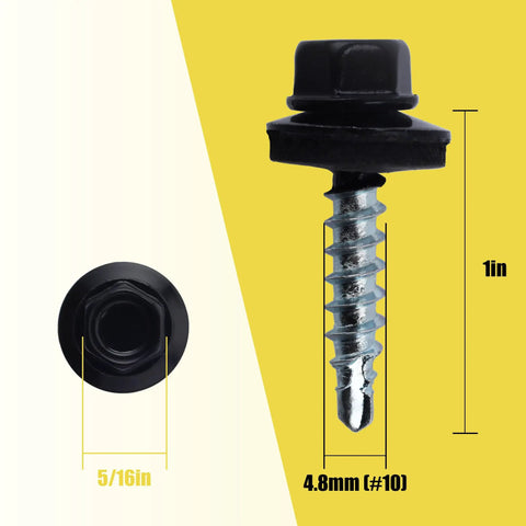 Heavy Duty Number 10 X 1 Inch Black Hex Head Self Drilling Roofing Screws with dimensions, ideal for metal and wood projects.
