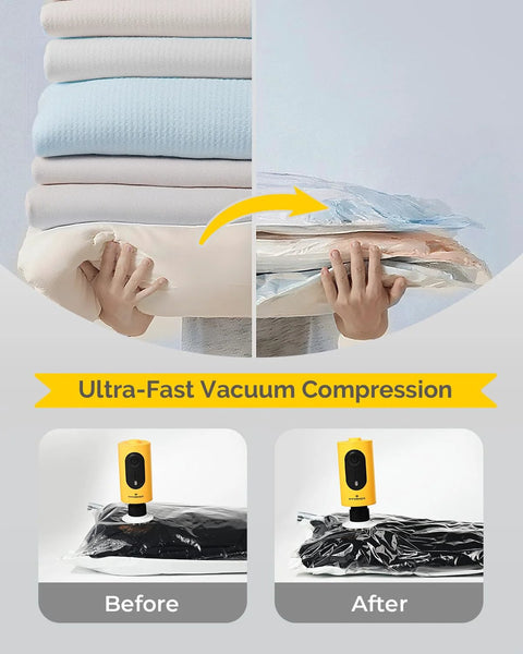Portable air pump for inflatables by Amazon; yellow handheld pump with 3 nozzles for sleeping pads and pool floats.