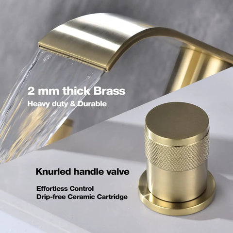 Brushed Gold Bathroom Sink Faucet Eight Inch Widespread With Two Handles Brass Waterfall Lavatory Vanity Faucet Overflow Pop Up Drain Assembly Drip Free Ceramic Cartridge showing brass knurled handle and waterfall flow.