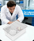 Lab technician observing small mouse in 2 Pack Heavy Duty Lab Mouse And Rat Cages With Stainless Steel Mesh Lids.