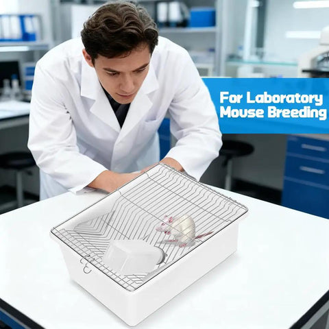 Lab technician observing small mouse in 2 Pack Heavy Duty Lab Mouse And Rat Cages With Stainless Steel Mesh Lids.