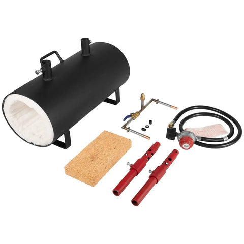 Portable Double Burner Propane Forge With Large Capacity For Blacksmithing Knife Making Tongs Tools And Farrier Work Heats Metals Up To 2600 Degrees Fahrenheit showing black forge with components