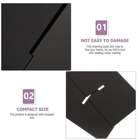 Close-up of Multi Function Desktop Book Stand, highlighting 4mm thick black support, emphasizing durability and compact size.