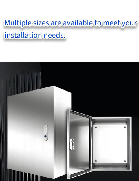 Open rugged stainless steel junction box enclosure for EV chargers telecom CCTV and control panels, wall-mounted 800x250x600 mm.