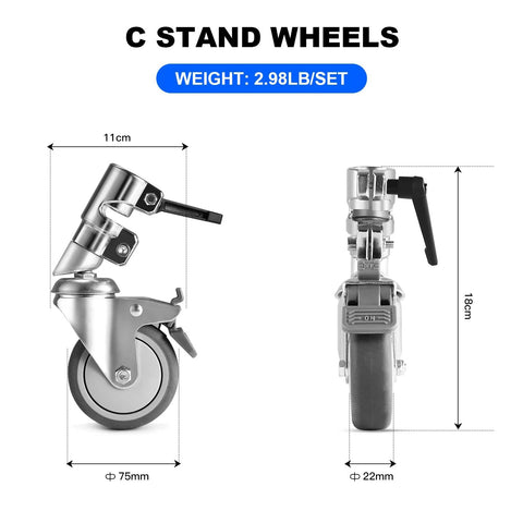 Swivel Caster Wheels Set For C Stand 25mm Legs Compatible With Takerers Neewer And Other 25mm C Stand Bases, side and front view