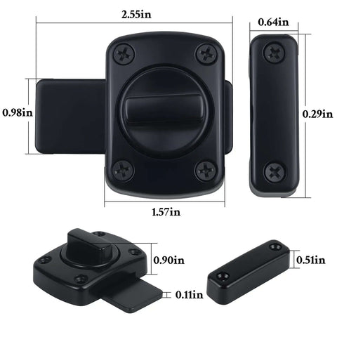 Two Pack Heavy Duty Rotating Bolt Latch With 180 Degree Double Sided Security Slide Lock dimensions, black zinc alloy and steel.