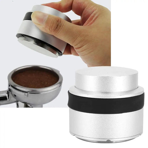 51mm Coffee Tamper Press Type Hammer Powder Distributor Leveler Tool in use, showing durable aluminum and stainless steel construction.