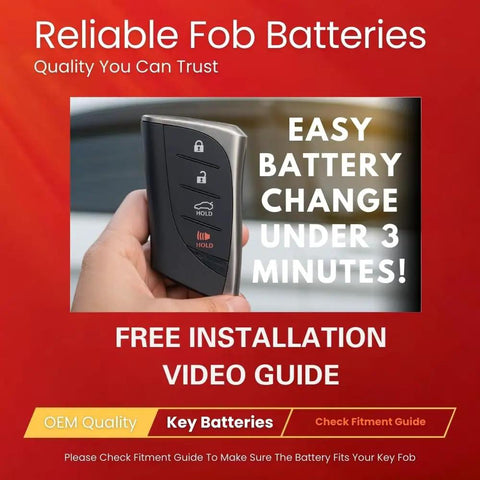 Close-up of a hand holding a Lexus key fob with text advertising easy battery change using Two Pack CR2032 Key Fob Batteries For Lexus Remote Replacement Kit With OEM Quality Cells Fits RX IS NX UX ES GX RC GS LS RX350 NX300 RX450h NX200t ES350h
