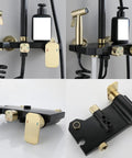 Heavy Duty Wall Mount Shower System With Slick Black Finish Adjustable Rain Head Four Way Mixer Valve Easy Grip Handheld Sprayer And Top Shelf Stainless Steel Bathroom Combo Kit Upgrade Your Daily Routine close-up of brass control knobs and black wall mount.