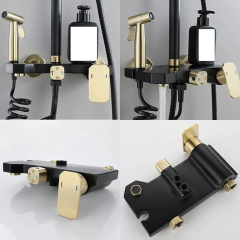 Heavy Duty Wall Mount Shower System With Slick Black Finish Adjustable Rain Head Four Way Mixer Valve Easy Grip Handheld Sprayer And Top Shelf Stainless Steel Bathroom Combo Kit Upgrade Your Daily Routine close-up of brass control knobs and black wall mount.