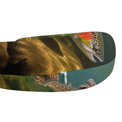 Brook Trout Fly Fishing Travel Pillow with U-shaped design featuring a trout print and hidden zipper detail.