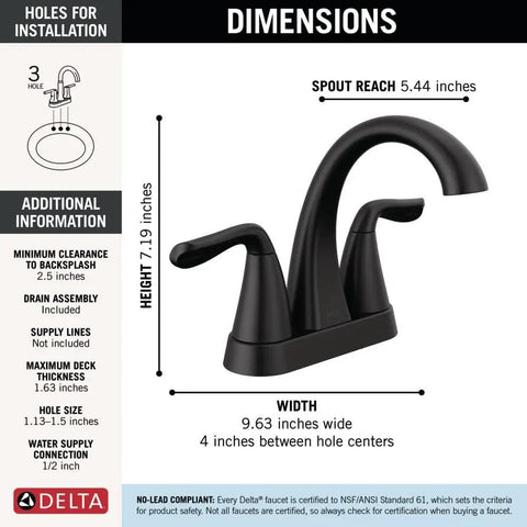 Arvo Centerset Matte Black Two Handle Bathroom Faucet For Three Hole Sinks dimensions and installation guide