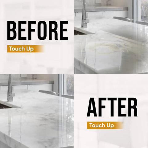Touch Up Etch Remover Marble Polishing Powder Before and After on Calcite Based Stone Surface