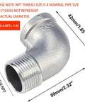2 Pack Stainless Steel 304 90 Degree Elbow Fittings, 3/4 NPT Threaded, Female to Male, NPT-NPT Connection, 0.98 Inch OD, close-up view