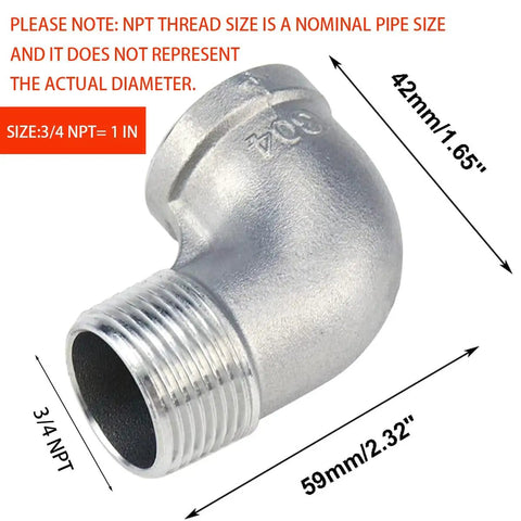 2 Pack Stainless Steel 304 90 Degree Elbow Fittings, 3/4 NPT Threaded, Female to Male, NPT-NPT Connection, 0.98 Inch OD, close-up view