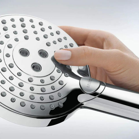 5-Inch Low Flow Handheld Shower Head With Three Spray Modes PowderRain Rain Whirl EcoRight Water-Saving Tech in hand view