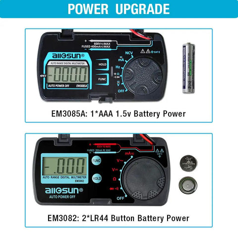 Auto Ranging Pocket Digital Multimeter, Tiny Handheld Travel Meter with diagram showing battery types and power upgrade options