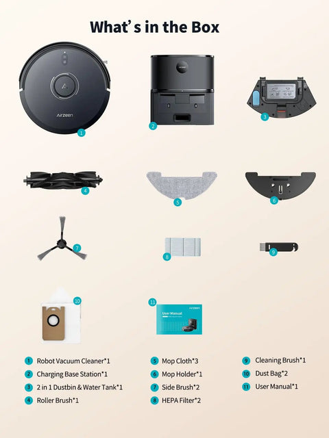 All In One Robot Vacuum And Mop With 6000Pa Beast Mode Suction Self Emptying Dock Laser Navigation Q10 Pro box contents