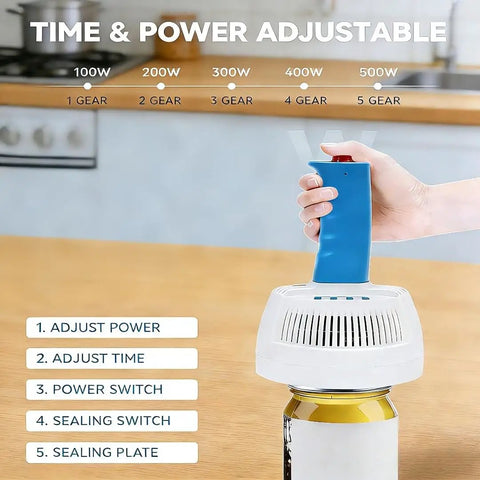 Pro Grade Handheld Bottle Cap Sealer Matches 20 To 100 mm Flat Caps Features Five Power Levels 100 W To 500 W Smart Digital Timer Plug And Play Setup For Rock Solid Snappy Results No Sweat Everyday