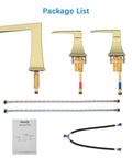 Waterfall Tub Faucet Set In Brushed Gold, Widespread 3 Hole Design With Two Handles, Includes Water Supply Lines, Durable Ceramic Valve