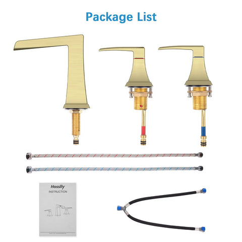 Waterfall Tub Faucet Set In Brushed Gold, Widespread 3 Hole Design With Two Handles, Includes Water Supply Lines, Durable Ceramic Valve