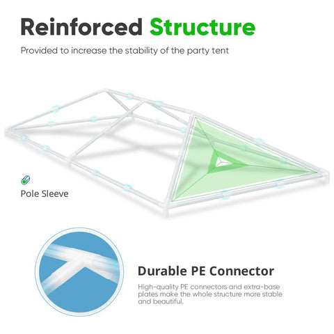 Reinforced structure of 10x20 Outdoor Party Tent Gazebo With Removable Church Sidewalls For Weddings And BBQs, emphasizing stability.