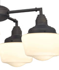 Close-up of Scholar Four-Light Indoor Convertible Chandelier Semi-Flush Ceiling Fixture in oil-rubbed bronze with white opal glass.