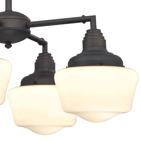 Close-up of Scholar Four-Light Indoor Convertible Chandelier Semi-Flush Ceiling Fixture in oil-rubbed bronze with white opal glass.
