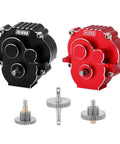Black and red CNC aluminum transmission gearboxes for TRX4M 1/18 scale RC crawler with 16.6/1 gears shown with components.