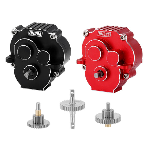 Black and red CNC aluminum transmission gearboxes for TRX4M 1/18 scale RC crawler with 16.6/1 gears shown with components.