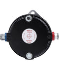 Hydraulic power unit motor for RV leveling system; round black unit with blue and red terminal fittings.