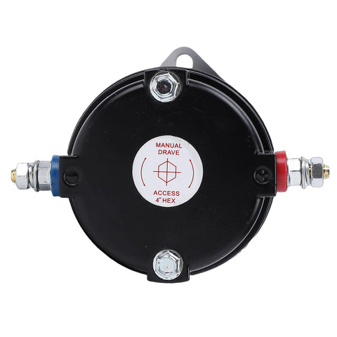 Hydraulic power unit motor for RV leveling system; round black unit with blue and red terminal fittings.