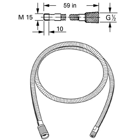 Replacement 59 Inch Metalflex Pull Out Kitchen Faucet Hose In StarLight Chrome For Ladylux Cafe Bridge And Alira Sink Faucets Fits K4 K7 Models 46092000 46174000 with fittings and dimensions diagram