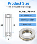 Diagram and image of Four Pieces F8 14M Thrust Ball Bearings Set 8mm Bore 14mm Outer Diameter 4mm Thick with size specifications.