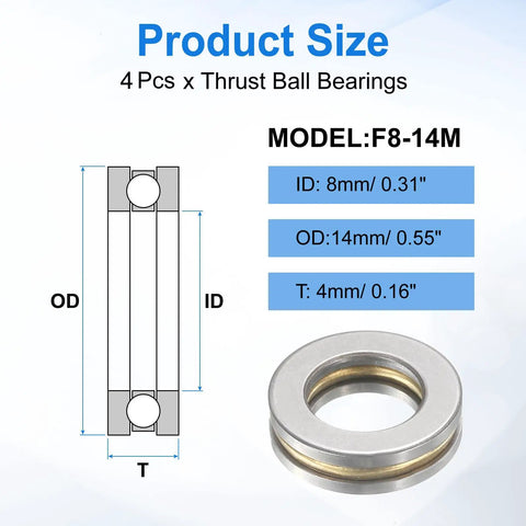 Diagram and image of Four Pieces F8 14M Thrust Ball Bearings Set 8mm Bore 14mm Outer Diameter 4mm Thick with size specifications.