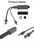 Power Over Ethernet Splitter For Mini Systems Keeps Your Setup Clean With One Cable Delivering Power And Data IP68 Rated 10 100 1000 Mbps Network Up To 100 Meters Ideal For Compact Home And Office Installations, gray cable splitter with Ethernet and DC connectors