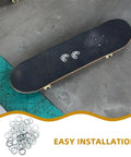 Skateboard Washers and Precision Spacers Kit Aluminum Alloy 200 Pieces Easy Install Versatile Hardware Repair Set for Trucks Decks Bearings and Maintenance to Boost That Smooth Ride displayed with skateboard for installation.