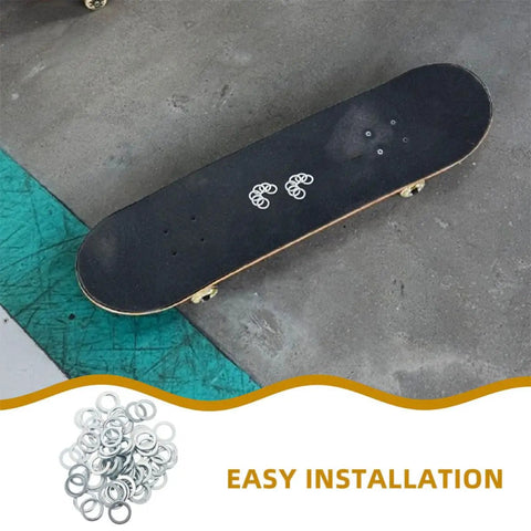 Skateboard Washers and Precision Spacers Kit Aluminum Alloy 200 Pieces Easy Install Versatile Hardware Repair Set for Trucks Decks Bearings and Maintenance to Boost That Smooth Ride displayed with skateboard for installation.