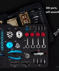 DIY Metal Pendulum Wall Clock Kit With Gear Train And Pendulum components on black tray, including 300 metal parts.