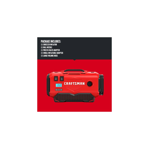V20 Tire Inflator Portable Air Compressor With Cordless 120V Corded And 12V Car Adapter Modes showing package contents