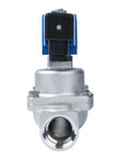 Solenoid valve, front view: 1-inch stainless steel high-pressure with blue actuator