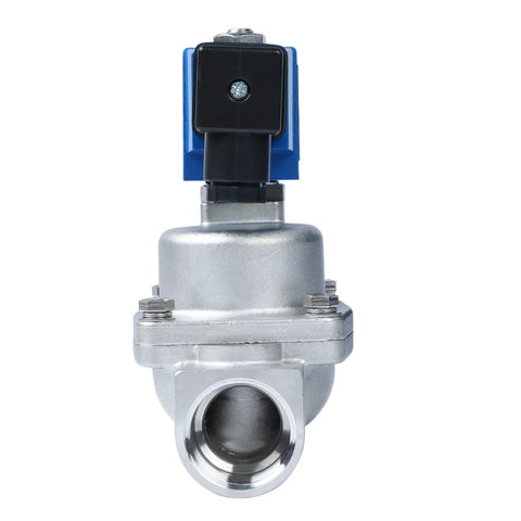 Solenoid valve, front view: 1-inch stainless steel high-pressure with blue actuator