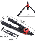 Hand Nut Riveter Kit With Quick Change Head, 330mm Reach, SAE And Metric, close-up of 13" arm span and components displayed